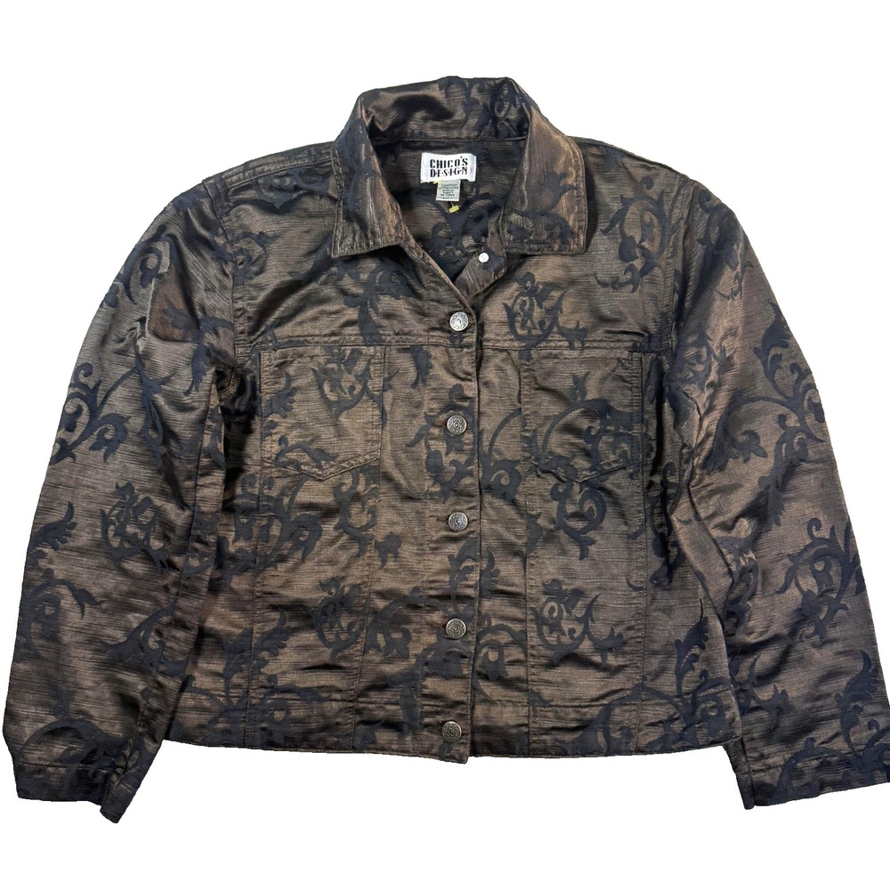 Chico's Design Jacket Coquette Womens M Brown Blk Dark Academia Floral Jacquard